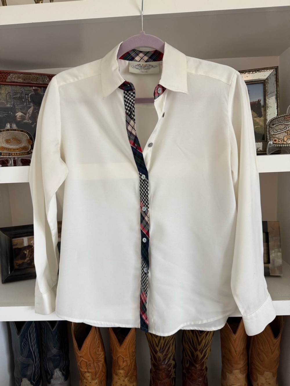 Susan Bristol White Button-Down Shirt with Plaid Trim